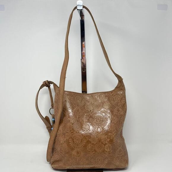 The Sak Huntley Leather Crossbody Tobacco Floral Embossed Beaded Tassel Fringe - Picture 4 of 13